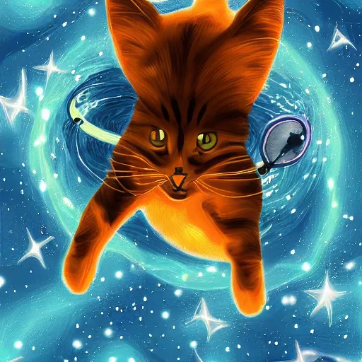 Image similar to cat swimming in space, digital art