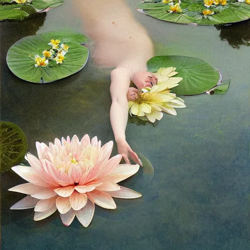 Image similar to a painting of a woman floating in a pond of water lillies, a photorealistic painting by liu jun, cgsociety, pre - raphaelitism, pre - raphaelite, deviantart, made of flowers