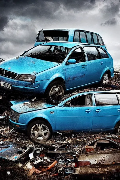 Prompt: “Blue Skoda Octavia Combi disintegrated in junkyard in rain. Realistic photo. ”