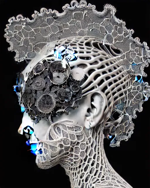 Image similar to surreal black and white photo portrait of complex bio-mechanical beautiful young female vegetal-cyborg with a Mandelbrot fractal metal fine lace face, curled silver hair, 150 mm lens, soft rim light, fine metal floral foliage super big lace collar by Alexander McQueen, high fashion, haute couture, rococo, steampunk, silver filigree details, anatomical, facial muscles, cable wires, microchip, elegant, hyper realistic, octane render, unreal engine, in the style Dora Maar, volumetric lighting, 8k,