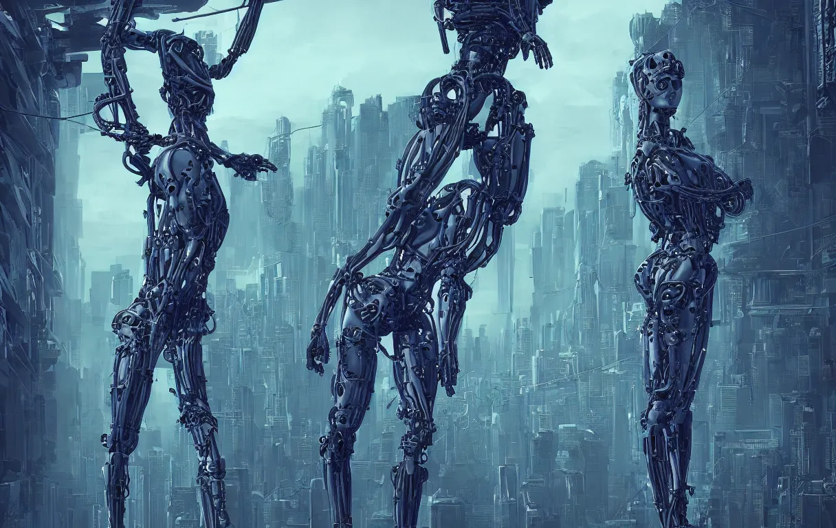 Image similar to award winning portrait of a crucified gargantuan female biomorphic cyborg goddess queen in the style of death stranding, neon genesis evangelion, with intricate energy core connecting to a futuristic downtown city, mightnight by artgerm, jean moebius giraud, yoshitaka amano, beeple, greg rutkowski. octane render.