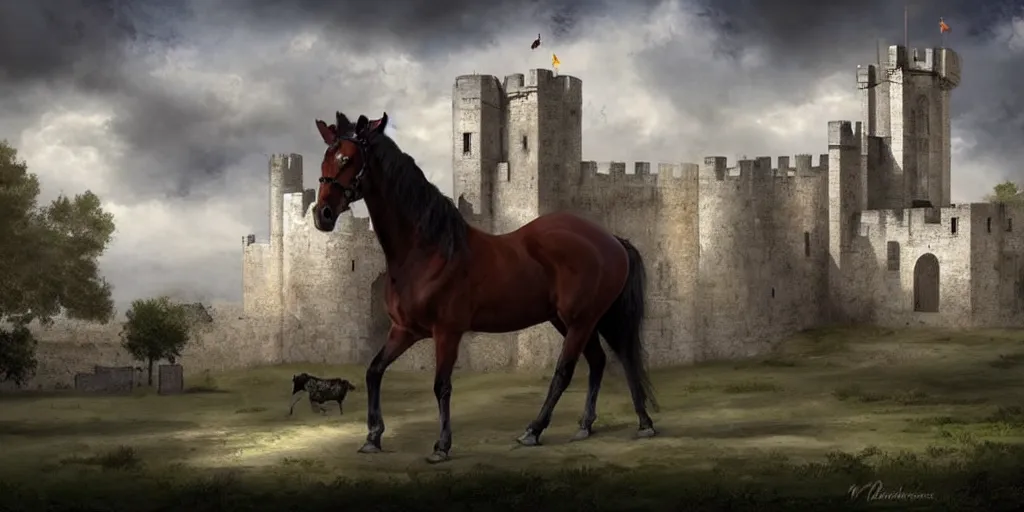 Image similar to plano general de un caballero montado a caballo, colina de fondo con castillo medieval. digital art, art station, realista,