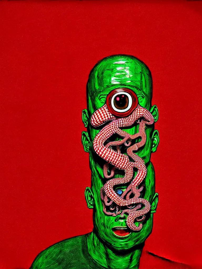 Image similar to a self portrait photograph by the artist kelbv, in distinct hyper detailed style with tubes coming from eyes, and hollowed out head filled with red and green gingham ellipsoids, perfect studio lighting against a backdrop of a still from the movie squid asthma.