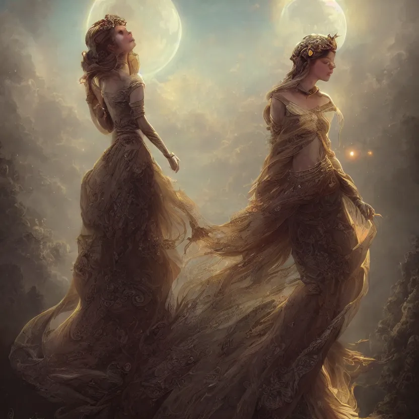 Image similar to a beautiful digital painting of a princess, princess, the moon behind her, intricate, cinematic lighting, highly detailed, digital painting, concept art, smooth, sharp focus, illustration, art by tom bagshaw, artgerm and greg rutkowski