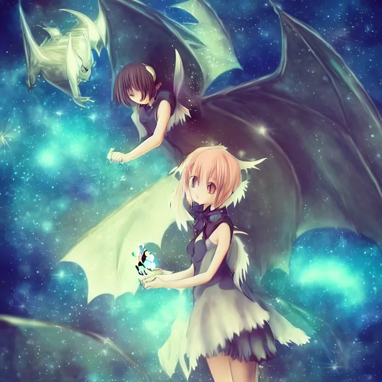 Image similar to cute, full body, female, anime style, a cat girl with fairy wings patting a dragon, large eyes, beautiful lighting, sharp focus, simple background, creative, heart effects, filters applied, illustration