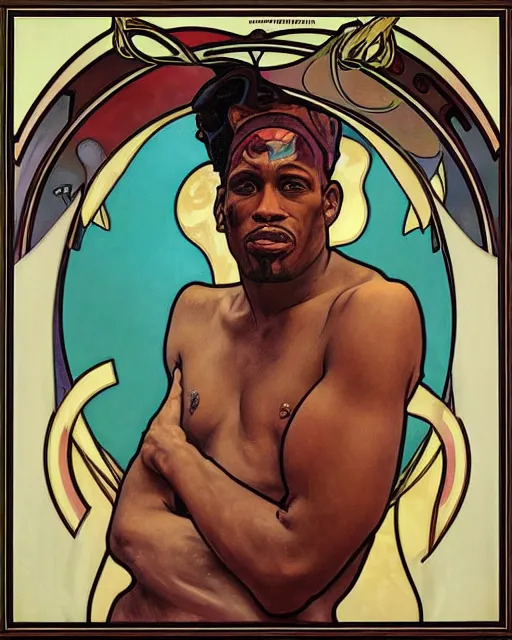 Image similar to a portrait painting of ( ( ( dennis rodman ) ) ) in the style of alphonse mucha!!!