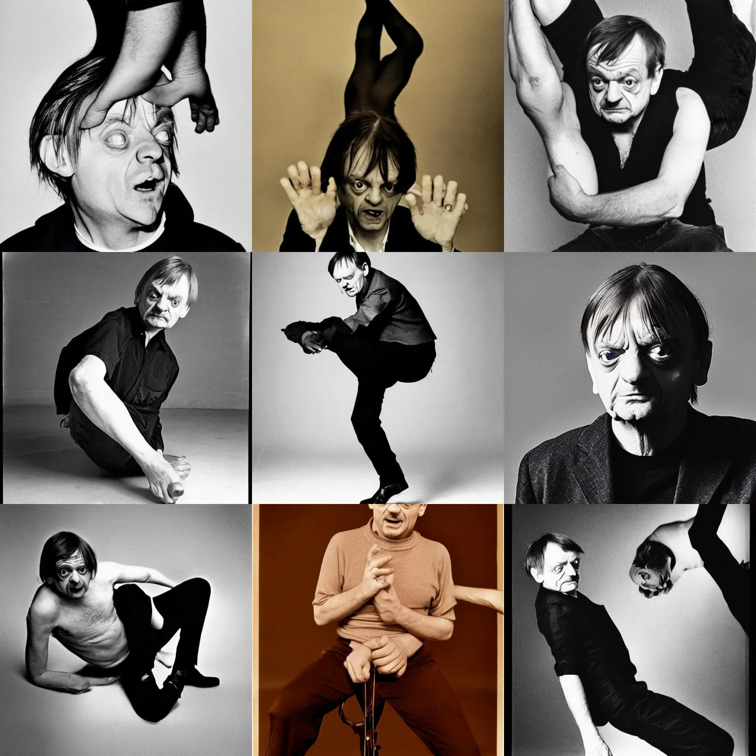 Prompt: mark e smith contortionist, vintage image, 4 k