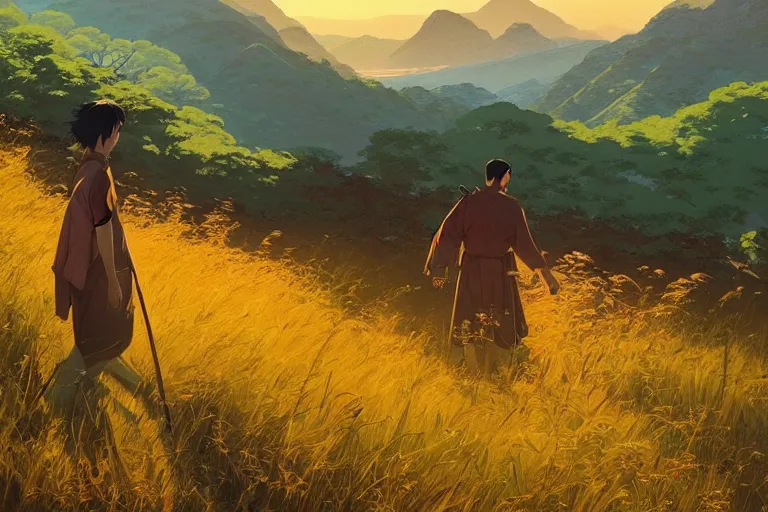 Prompt: in the green fieldsand mountains, samurai walking, sunset, | fine detail anime, cel shaded lighting poster by ilya kuvshinov, katsuhiro otomo, magali, villeneuve, artgerm, jeremy lipkin and michael garmash and rob rey