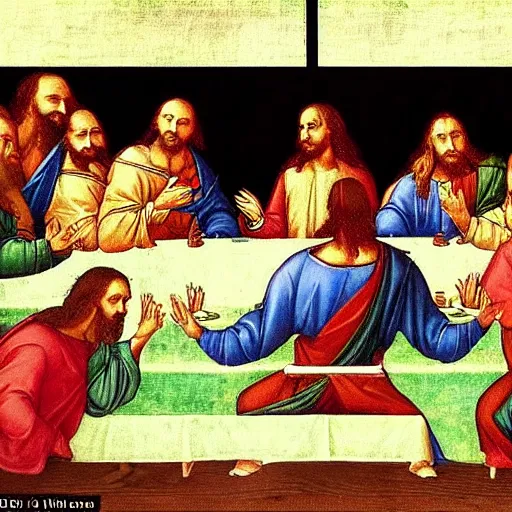 Image similar to jesus and the 1 2 disciples eating the last supper at applebees, in the style of leonardo da vinci