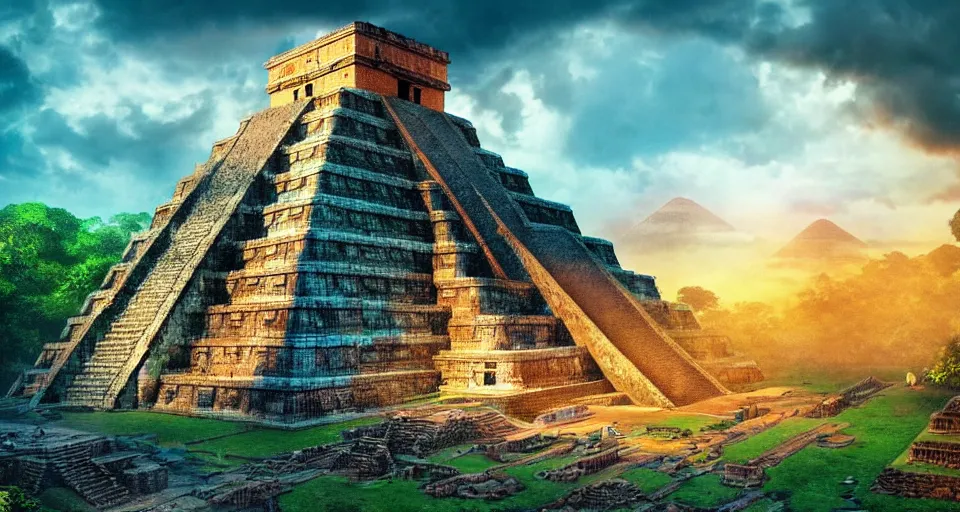 Image similar to ancient mayan civilization, huge mayan city with mayan pyramids in a landscape with waterfalls and stunning light and cheerful colors, epic composition, cinematic lighting, masterpiece, trending on artstation, very very detailed, masterpiece, stunning