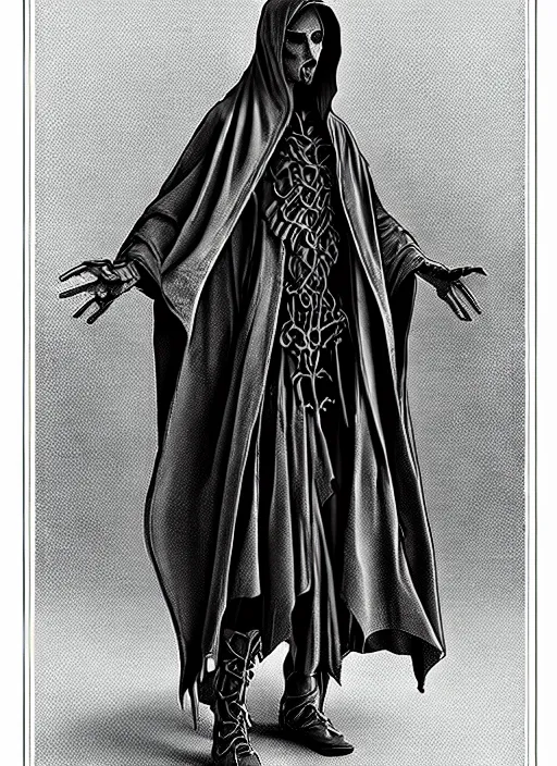 Image similar to fineart illustration of the necromancer wearing a cloak, hyper detailed, crisp