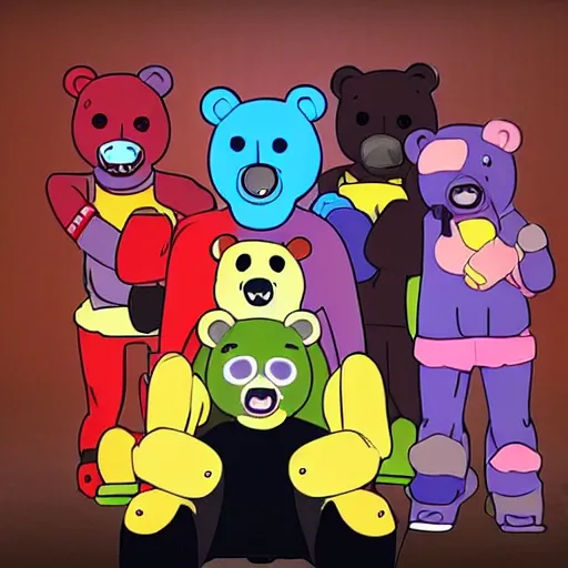 Image similar to happybears!, happy bears! kill union, humanoid bears, bear costumes, happy faces, evil happy faces, rollerblading, rollerskates, four humanoid bears, 2 0 0 1 anime, flcl, golden hour, japanese town, cel - shaded, strong shadows, vivid hues, y 2 k aesthetic