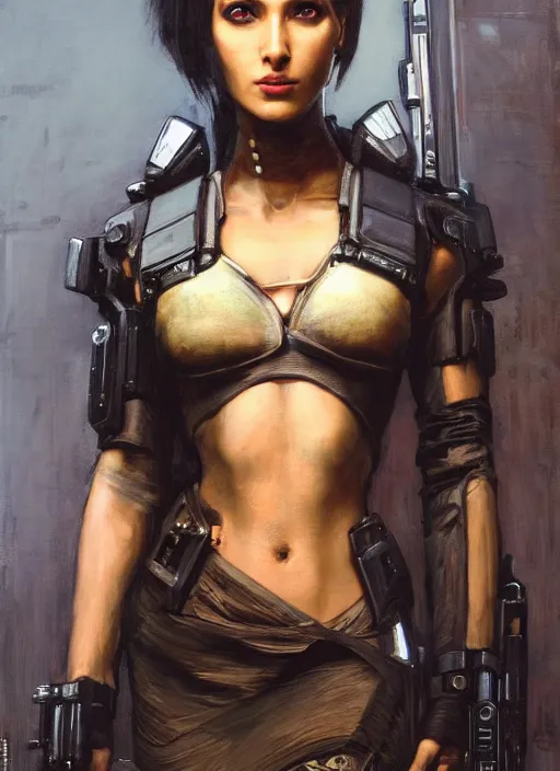 Prompt: Beautiful Sophia. beautiful female cyberpunk assassin wearing a military vest and military stealthsuit (cyberpunk 2077, Blade Runner 2049). gorgeous face. African woman. Iranian orientalist portrait by john william waterhouse and Edwin Longsden Long and Theodore Ralli and Nasreddine Dinet, oil on canvas. Cinematic, hyper realism, realistic proportions, dramatic lighting, high detail 4k