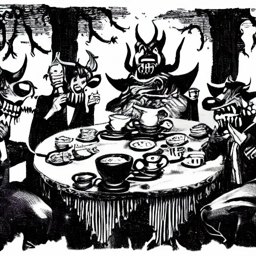 Image similar to a group of demons have a pleasent tea party on a sunny day