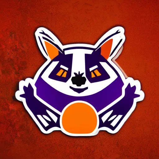 Prompt: a nice beautiful orange and purple vector sticker e-sports logo of a raccoon