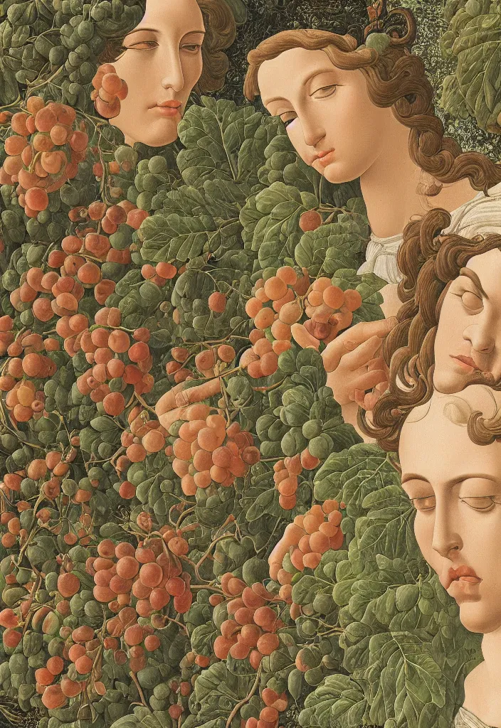 Image similar to men and women, closeup portrait, garden with fruits, ultra detailed, Botticelli style