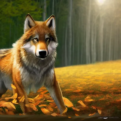 Prompt: professional stylized full - body digital art of a side profile of a tibetan wolf, tan and brown fur, fluffy, falling leaves, hd, 8 k, highly detailed, high quality, cute