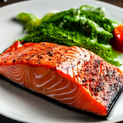 Prompt: photo of a delicious plate of salmon