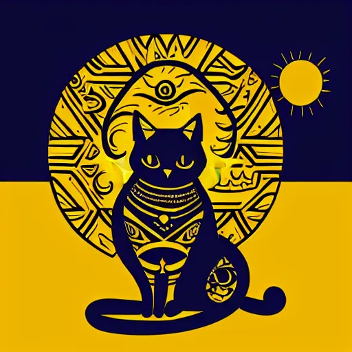 Image similar to tattoo sketch of a cat hugging the sun, on a yellow paper, maori ornament, polinesian style, minimalism, vector