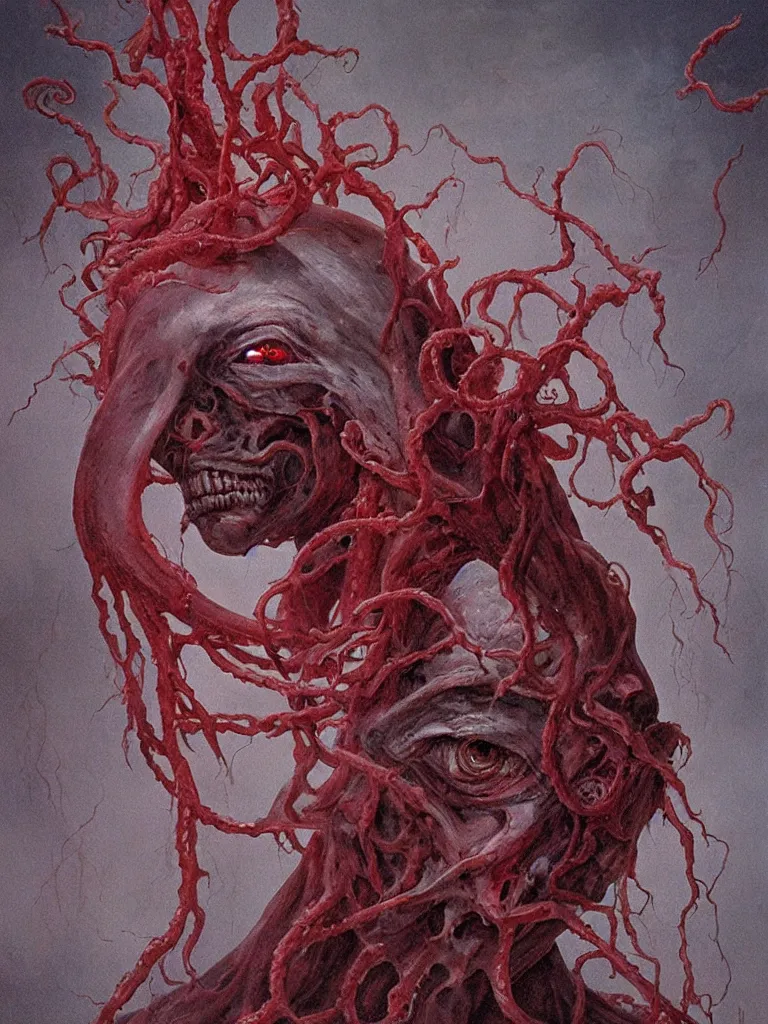 Image similar to painting by wayne barlowe of a flying sorrowful looking severed human head with tears running down it's eyes, face that is chalk white in color, with long sprawling white tentacles stemming down it's neck, fiery scorching red eyes, flying in a terrying hellish dark cavernous place