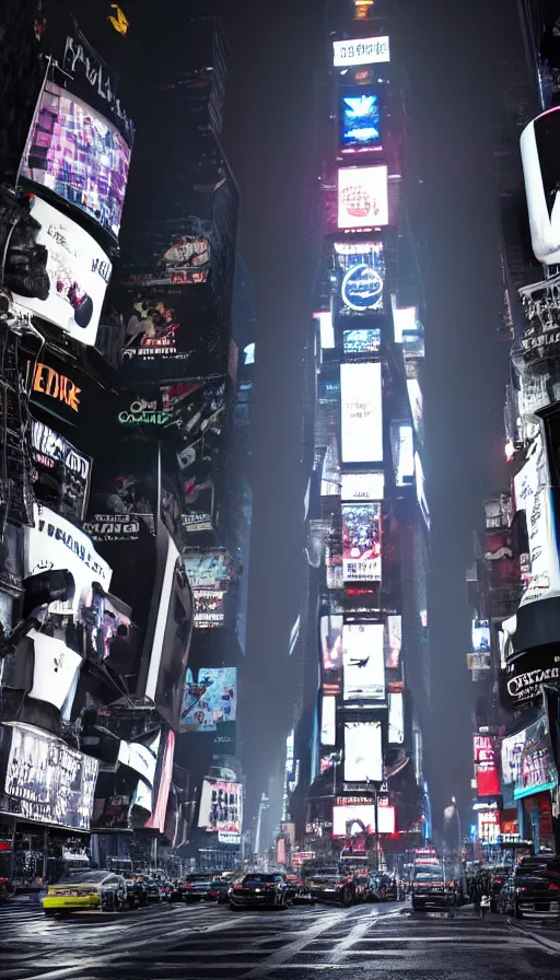 Image similar to 8k high resolution photograph of cyber punk New York Times Square on a foggy night, futuristic, wires hanging