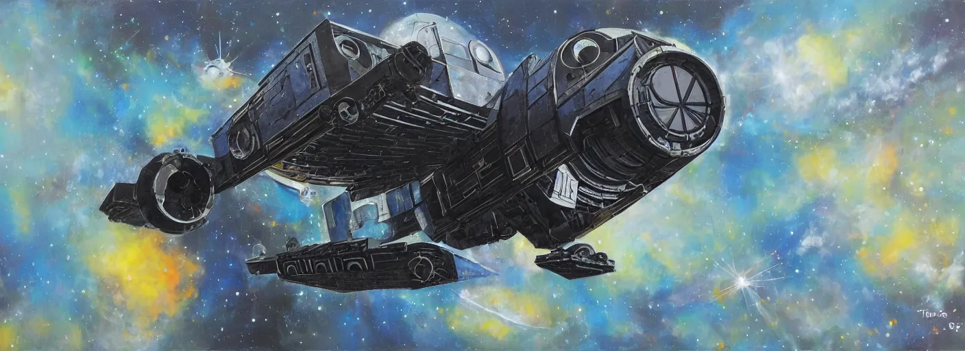 Image similar to thomas the tank engine tie fighter, space, sci fi painting