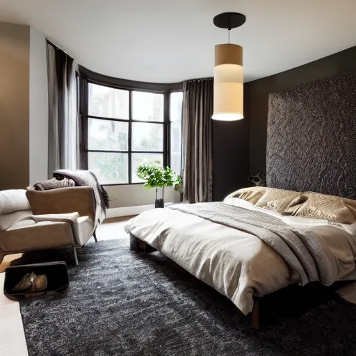 Prompt: bedroom with earth tones interior, a black sofa