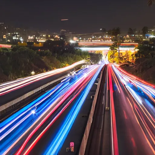 Image similar to dslr photo freeway photo at night, dragonflies replace the cars, very high quality lights, intricate details, extremely high quality, moody lighting, real camera, real photo, slow - shutter, 8 k, full subject in shot
