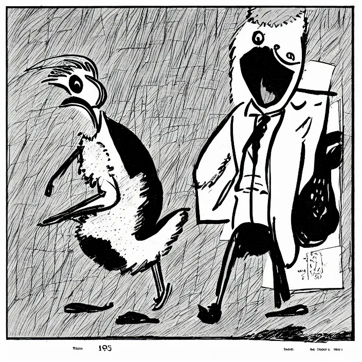 Image similar to a still frame from comic strip a bird in rabbit costume half pants 1 9 5 0, herluf bidstrup, new yorker illustration, monochrome contrast bw, lineart, manga, tadanori yokoo, simplified,