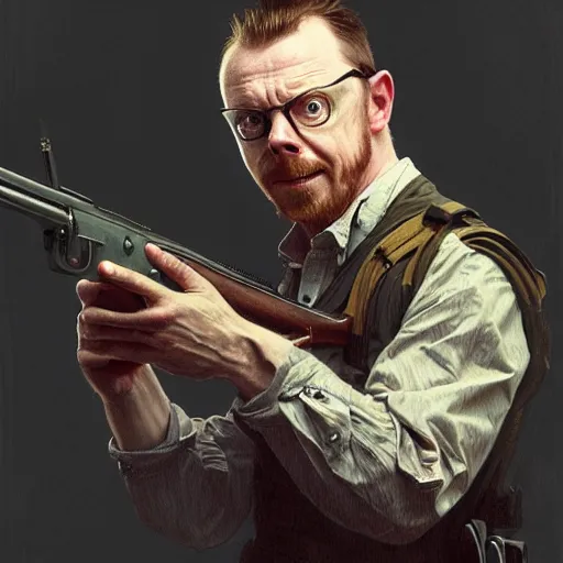 Image similar to portrait of simon pegg in the london of suburbs, winchester rifle, zombie apocalypse, joyful smirk, intricate, elegant, highly detailed, digital painting, artstation, concept art, matte, sharp focus, illustration, art by artgerm and greg rutkowski and alphonse mucha