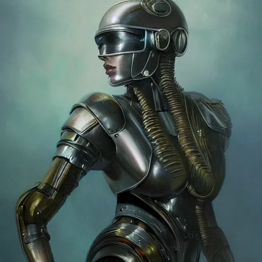 Prompt: tom bagshaw, curiosities carnival, photorealistic medium shot soft paint of a single beautiful cosplay full long futuristic metallic armor very tight metal helmet ornate, face, gynoid cyborg wires tentacles body, accurate features, focus, very intricate ultrafine details, award winning masterpiece
