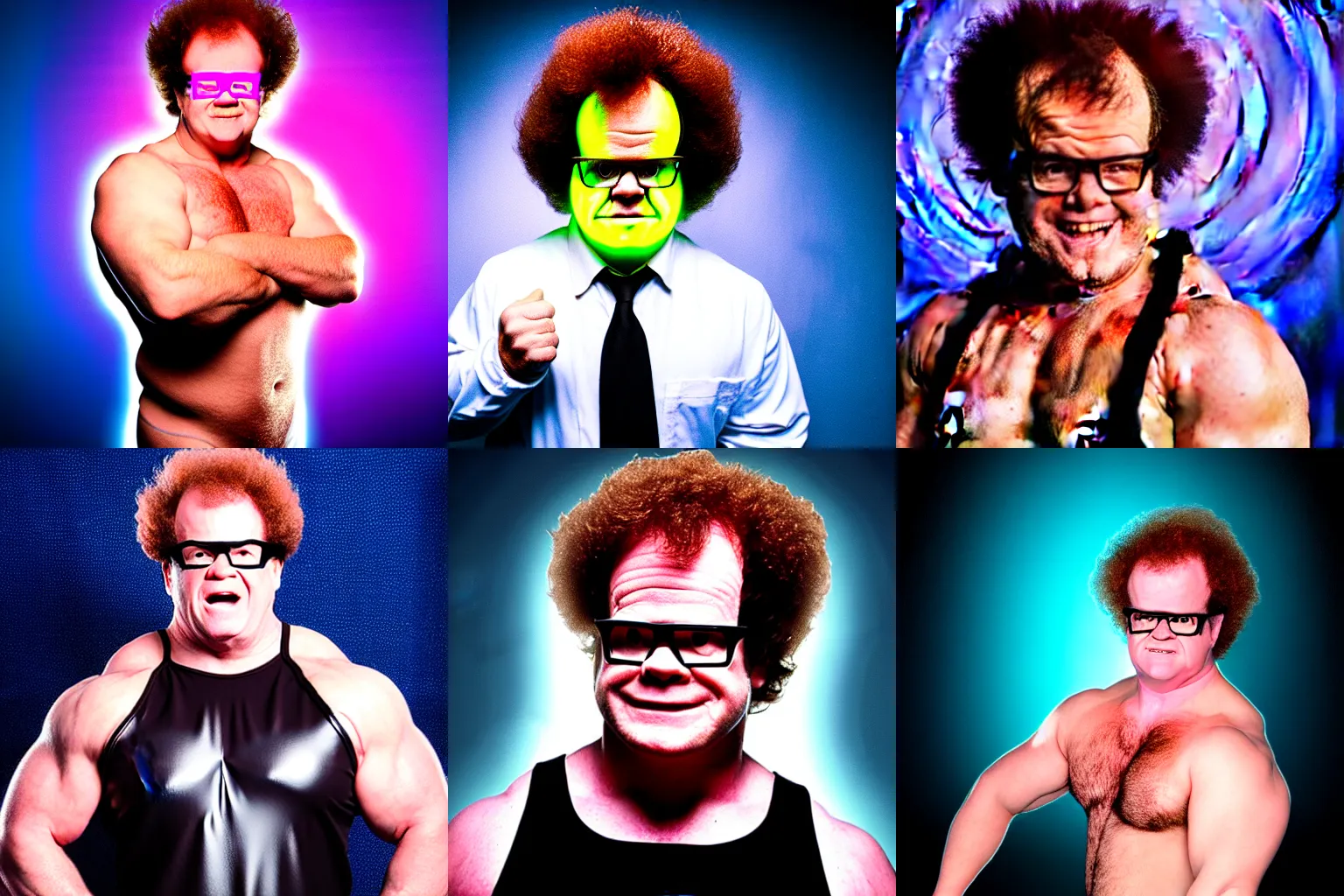 Image similar to Dr Steve Brule as a hunk wrestler, promotional photo, neon studio lighting, highly reflective