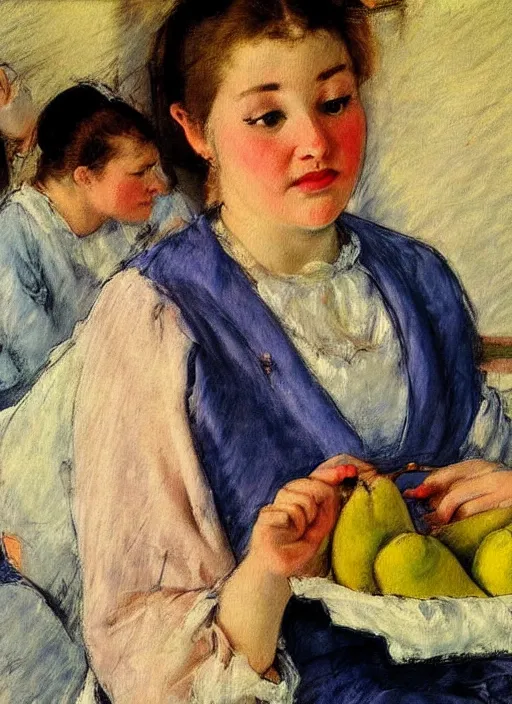 Prompt: vintage beautiful painting of a beautiful woman eating a pear in a sanatorium along with a few other patients in Mary Cassatt style