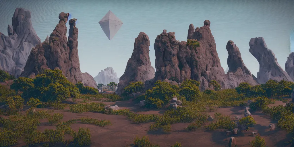 Image similar to 3d painted landscape with a man made monument in the center by james jean in no mans sky style, redshift, octane