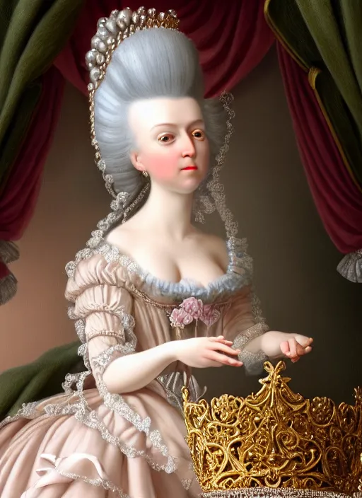 Prompt: highly detailed closeup, simple hand gestures, straight fingers, portrait of marie antoinette wearing a crown and sitting on a throne eating cakes, unreal engine, nicoletta ceccoli, mark ryden, earl norem, lostfish, global illumination, god rays, detailed and intricate environment