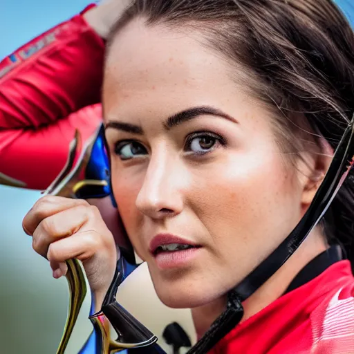 Image similar to photo realistic, consistent and highly detailed face, a attractive sports woman in archery, pointing his bow, uhd 8 k, highly detailed, sigma 8 5 mm f / 1. 4