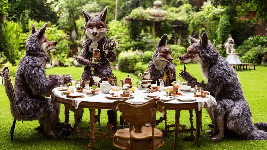 Prompt: film still from the movie chappie outdoor park plants garden scene bokeh depth of field several figures sitting down at a table having a delicious grand victorian tea party crumpets furry anthro anthropomorphic stylized cat ears wolf muzzle head fox fur