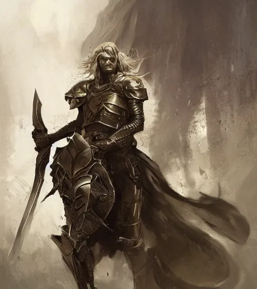 Image similar to long blond hair man in armor, shield and scimitar, by craig mullins, ruan jia, kentaro miura, greg rutkowski, loundraw