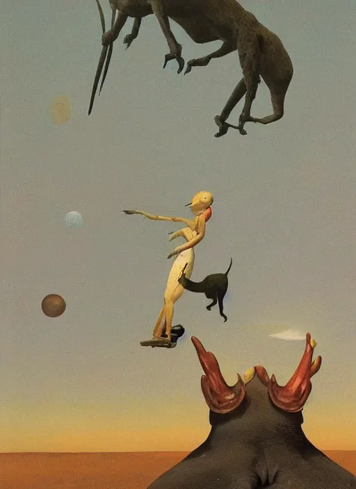 Image similar to a deer horned astronaut stands atop a melting dinosaur on the moon, Edward Hopper and James Gilleard, Zdzislaw Beksinski, Mark Ryden, Wolfgang Lettl highly detailed, hints of Yayoi Kasuma, Odilon Redon. Drexler