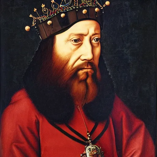 Prompt: Official royal portrait of a king, middle ages, full body, front facing, ominous, black beard, wearing royal crown, dark red embellished tunic, dark background, detailed, hans holbein, highly dramatic, 15th century oil painting