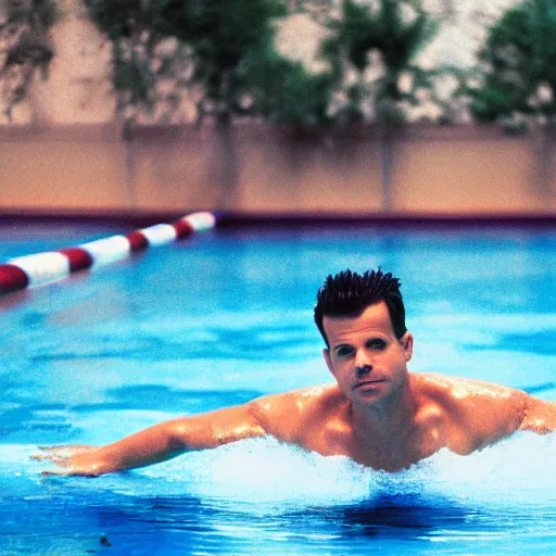 Prompt: photograph of jordan knight swimming in a public swimming pool, film still, 8 k