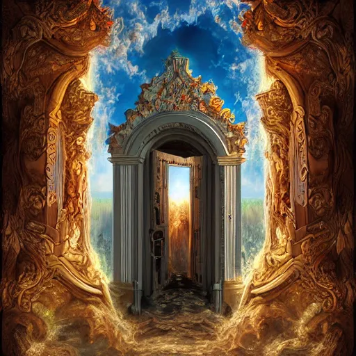 Prompt: the gateway to heaven, digital art, fantasy art, rococo, hyperrealistic, ultra detailed