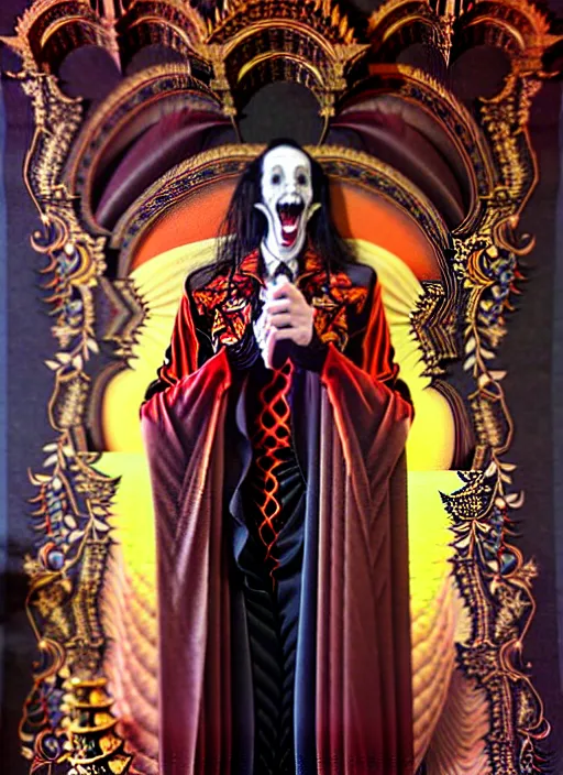 Image similar to beautiful oil painting, full length portrait of vampire!!!!! dauphinois in baroque coronation robes 1 7 0 1, blood, dan mumford, dan mumford, alex grey, hyacinthe rigaurd, highly detailed, lsd visuals, dmt fractal patterns, visionary art, psychedelic art, ornate, vaporwave, baroque, greg rutkowski