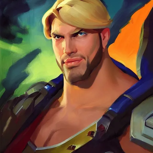 Prompt: greg manchess portrait painting of prince adam of eternia as overwatch character, medium shot, asymmetrical, profile picture, organic painting, sunny day, matte painting, bold shapes, hard edges, street art, trending on artstation, by huang guangjian and gil elvgren and sachin teng