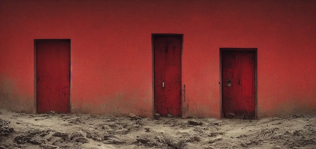 Image similar to red door standing in wasteland in style of zdzisław beksinski