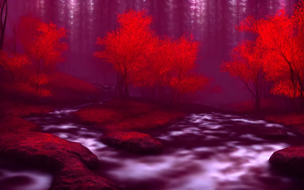 Image similar to gloomy sparse fairytale forest with a beautiful sparkling stream of glowing red water flowing through, visual novel key visual, award - winning digital art on pixiv, trending on artstation - cinematic lighting, dramatic lighting, stunning and beautiful scenery - highly detailed, hyperrealistic, unreal engine 5, in the style of kingdom hearts