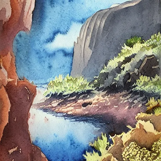 Prompt: detailed watercolor of a lush natural scene on an alien planet by stephen quiller. beautiful landscape. weird vegetation. cliffs and water.