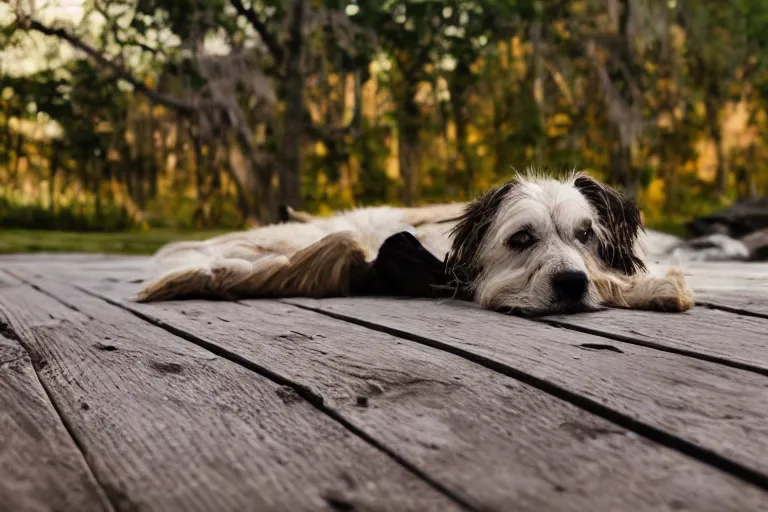 Prompt: old dog lying on a wooden dusty boardwalk shallow depth of field award winning