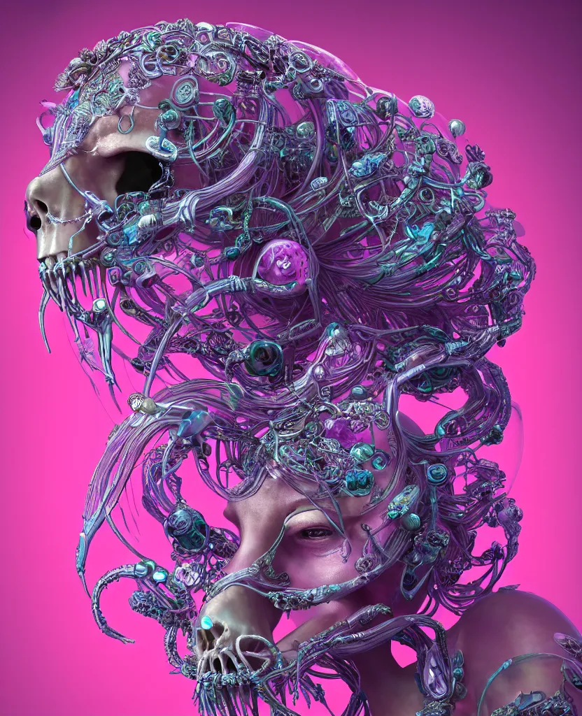 Image similar to goddess princess face close-up portrait ram skull. sculpture made of neon lamps and metal. jellyfish phoenix head, nautilus, orchid, skull, betta fish, bioluminiscent creatures, intricate artwork by Tooth Wu and wlop and beeple. octane render, trending on artstation, greg rutkowski very coherent symmetrical artwork. cinematic, hyper realism, high detail, octane render, 8k