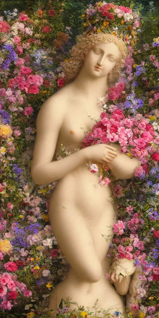 Image similar to high definition, digital, hyperreal, 2 k, tilt - shift, aphrodite wearing a beautiful dress, goddess of love, surrounded by flowers, in the style of a painting